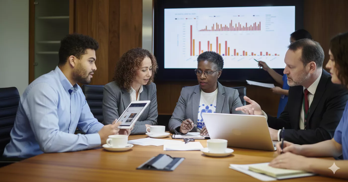 The Lexa Agency senior multidisciplinary strategy team collaborating on a data-driven market entry plan for regulated industries.