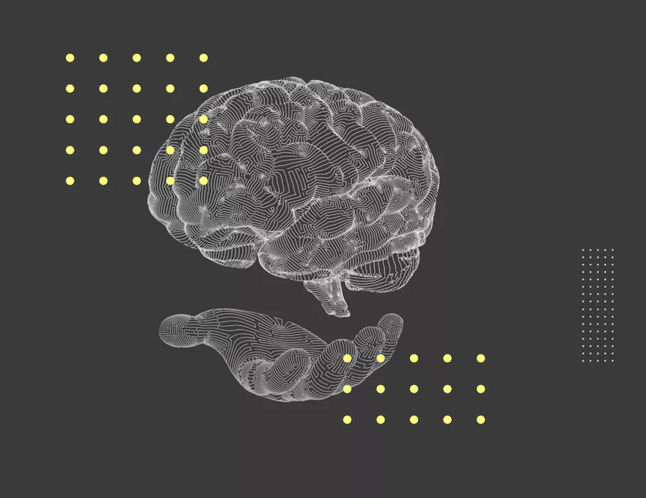 A futuristic 3D visualization of a human brain supported by a hand, representing complex digital health data and GDPR privacy challenges.